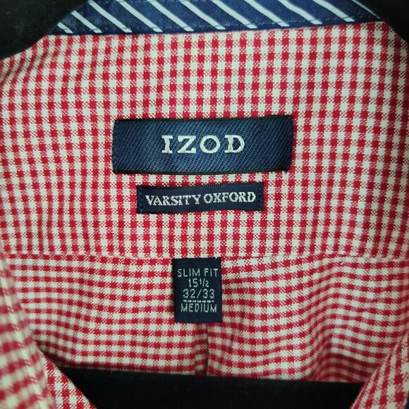 IZOD Varsity Oxford Slim Fit Medium Men Red Plaid Long Sleeve Button Down Shirt - Picture 5 of 6